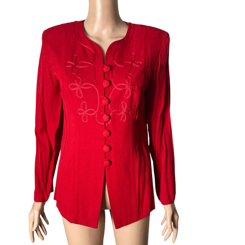 Vintage Maggie Lawrence Petites Blouse Womens 8P Red Embroidered Button Front